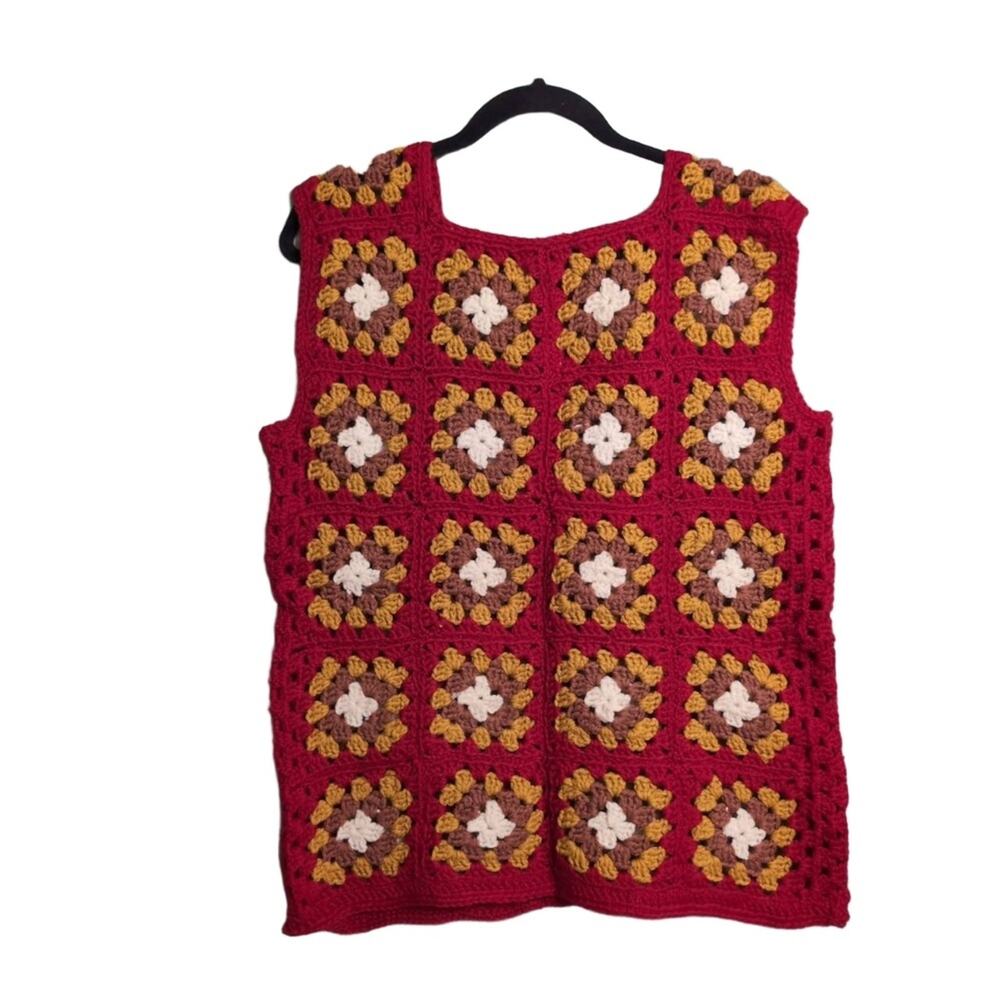 Vintage Inspired Crochet Granny Square Vest Top Red Yellow Sleeveless Boho Retro